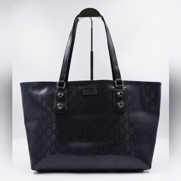 BA43❤️ Gucci Black GG Imprime Coated Canvas Metal Stud Tote Gucci - Picture 1 of 13